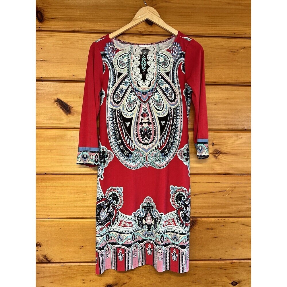 LONDON TIMES Women's Dress 3/4 Sleeve Round Neck Multicolor Stretch.Size 6